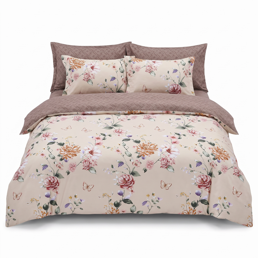 Lenjerie de pat fără elastic, bej cu flori delicate — vedere din față