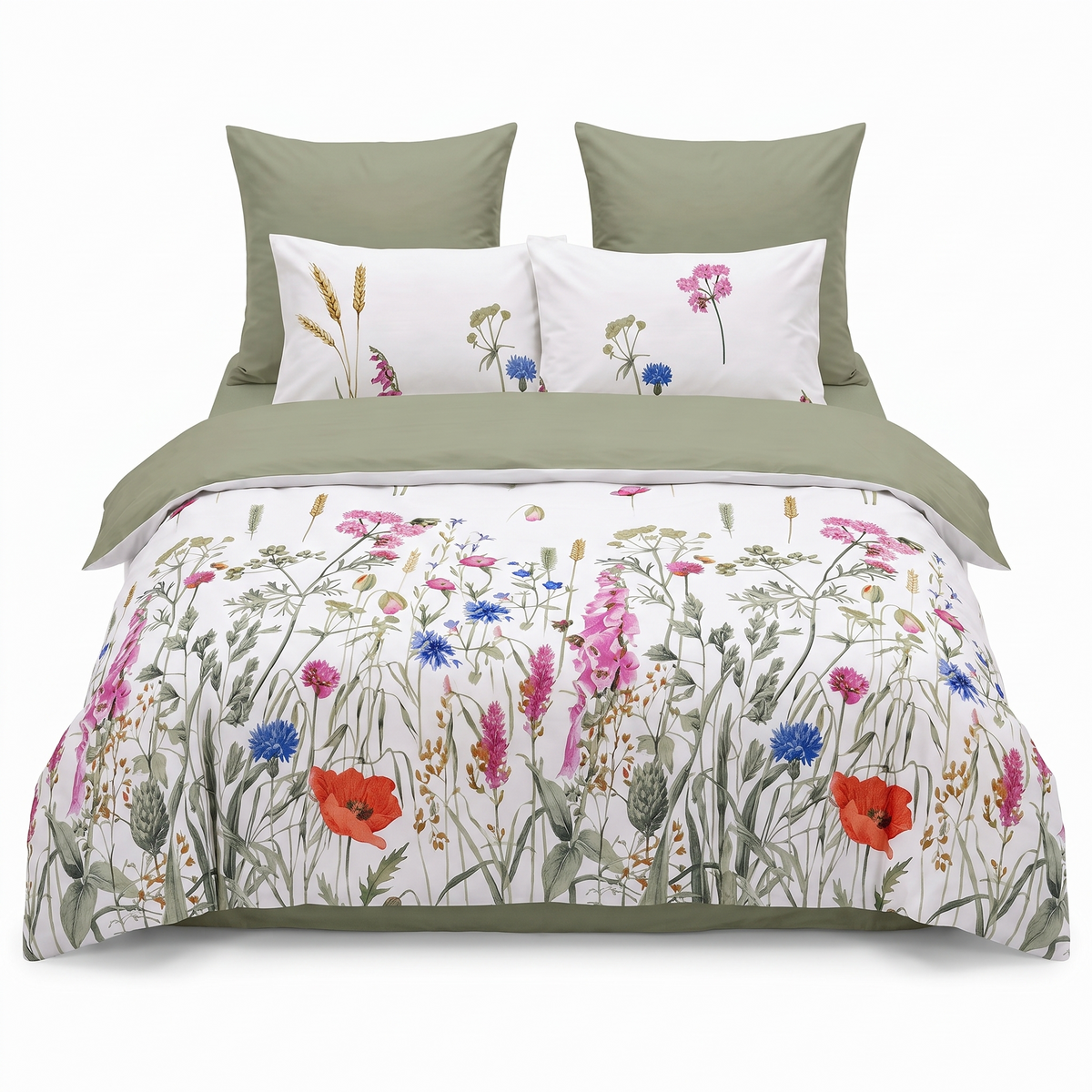 Lenjerie de pat fără elastic în alb și verde cu model floral — vedere din față