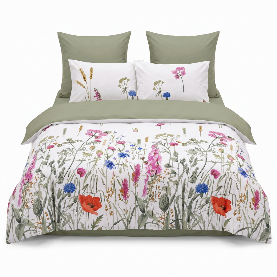 Lenjerie de pat fără elastic în alb și verde cu model floral — vedere din față