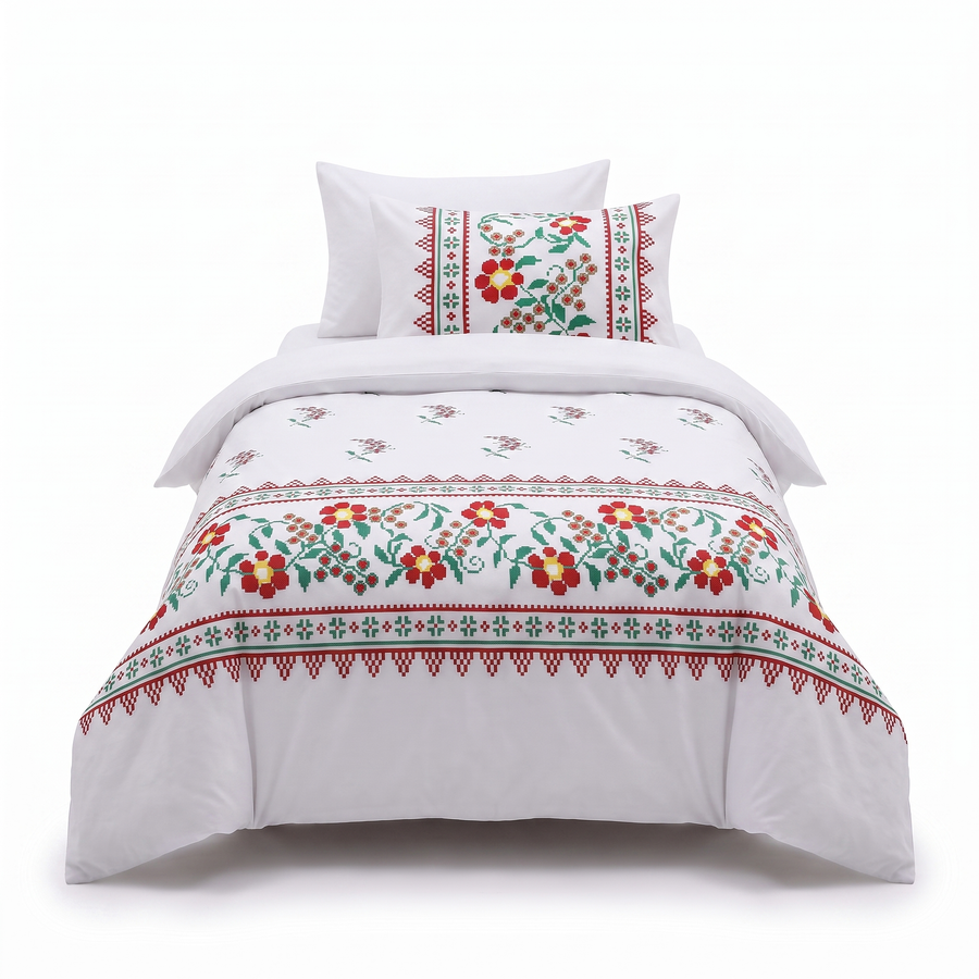 Lenjerie de pat pentru o persoană, în alb cu broderii florale tradiționale — vedere din față
