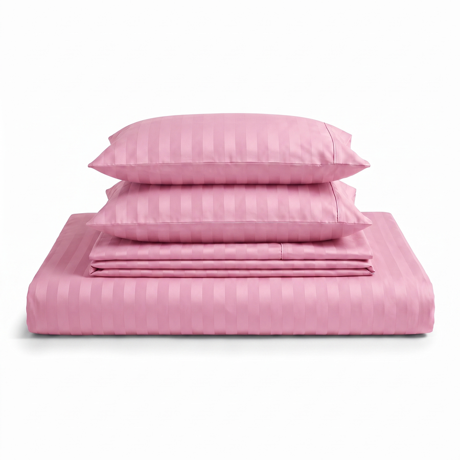 Lenjerie de pat uni cu elastic, cu model cu dungi - Roz